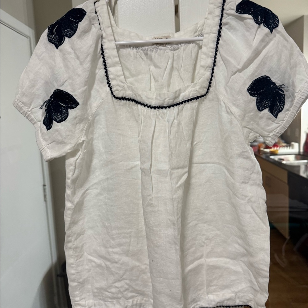 J. Crew White and Black Puff Sleeve Blouse